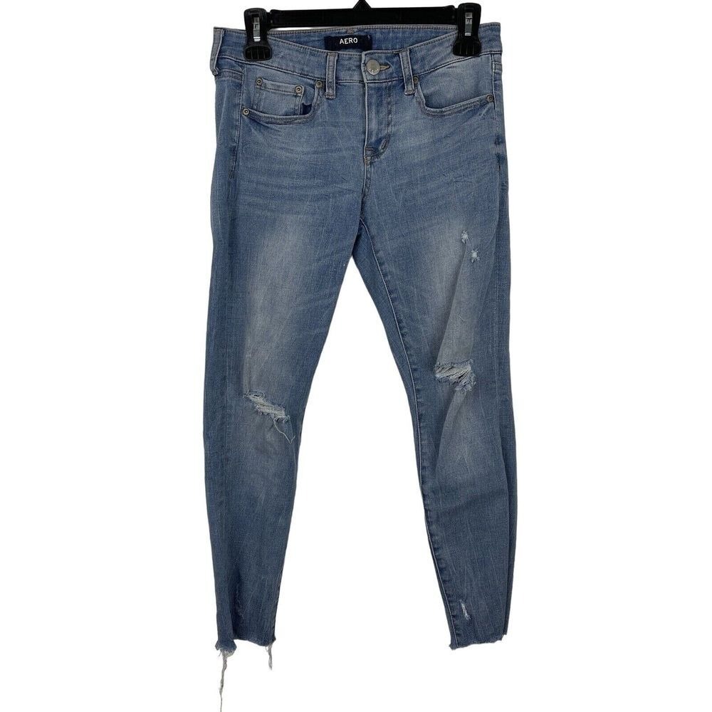 Aeropostale Distressed Skinny Denim Jeans Womens 6 Short Blue‎ Raw Hem Low Rise